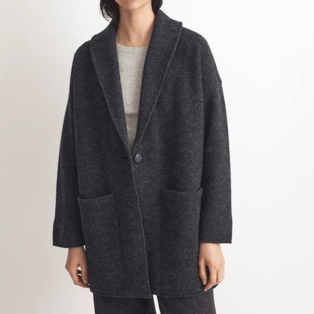 Madewell Sweater Coat Women XL Grey Merino Wool Herringbone Classic Chic